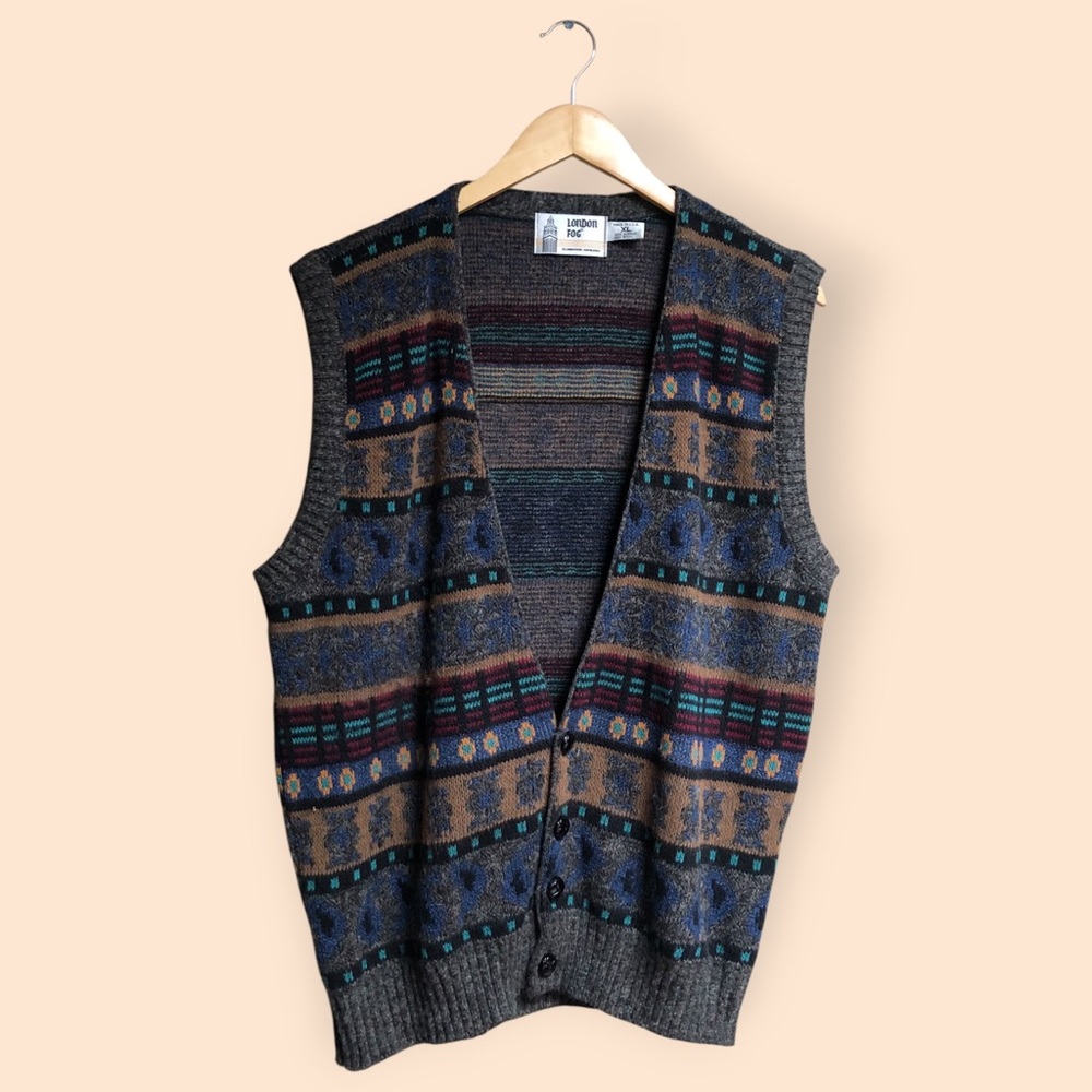 London Fog Multicolor Patterned Knit Vest - Gray Base with Blue & Brown Accents